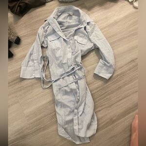 H&M blue and white striped belted mini shirt dress